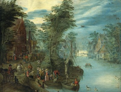 Cena do rio, c.1630-50 (óleo em cobre) de Jan the Elder Brueghel